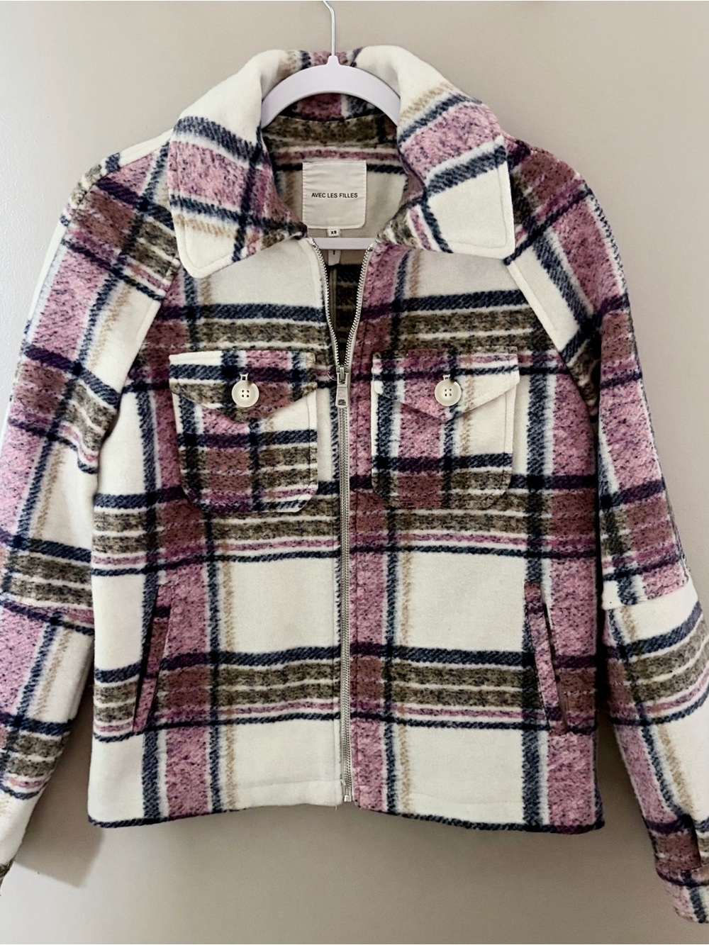 Avec Les Filles Plaid Zip Up Jacket Womens Size XS Pink Cream Oversized Shacket